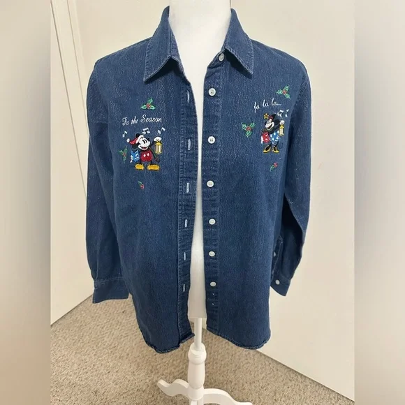 Vintage Tis The Season Mickey Mouse Shimmery Button Down Shirt Size Small - Picture 6 of 10